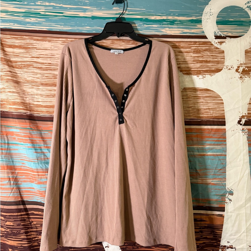 White Birch Tan Long Sleeve V-Neck Top with buttons